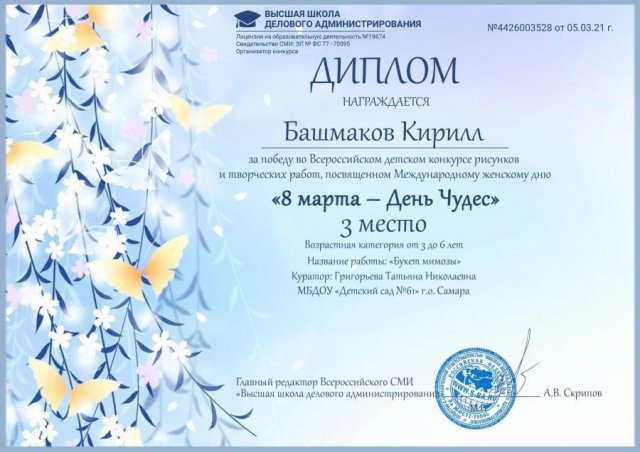 Башмков Кирилл, 3 место, 8 Марта - День чудес