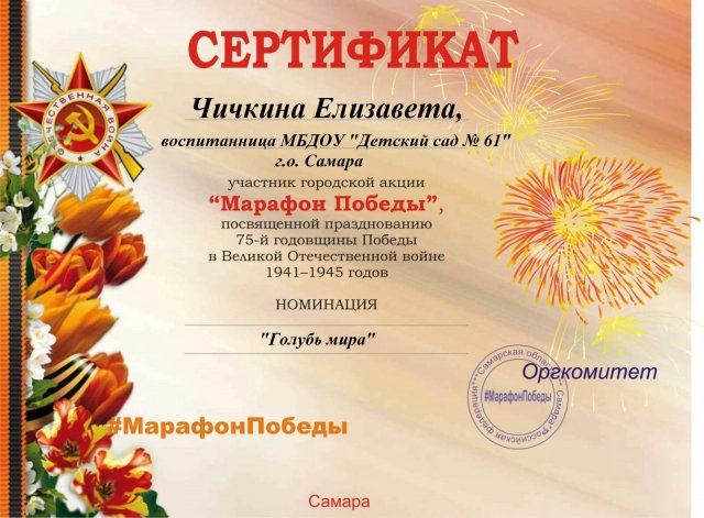 Чичкина Елизавета, МарафонПобеды Голубь мира