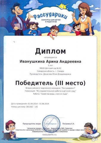 Диплом 3 место Иванушкина Арина