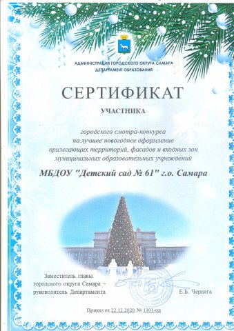 Сертификат участника городского конкурса на лучшее новогоднее оформление - 2020